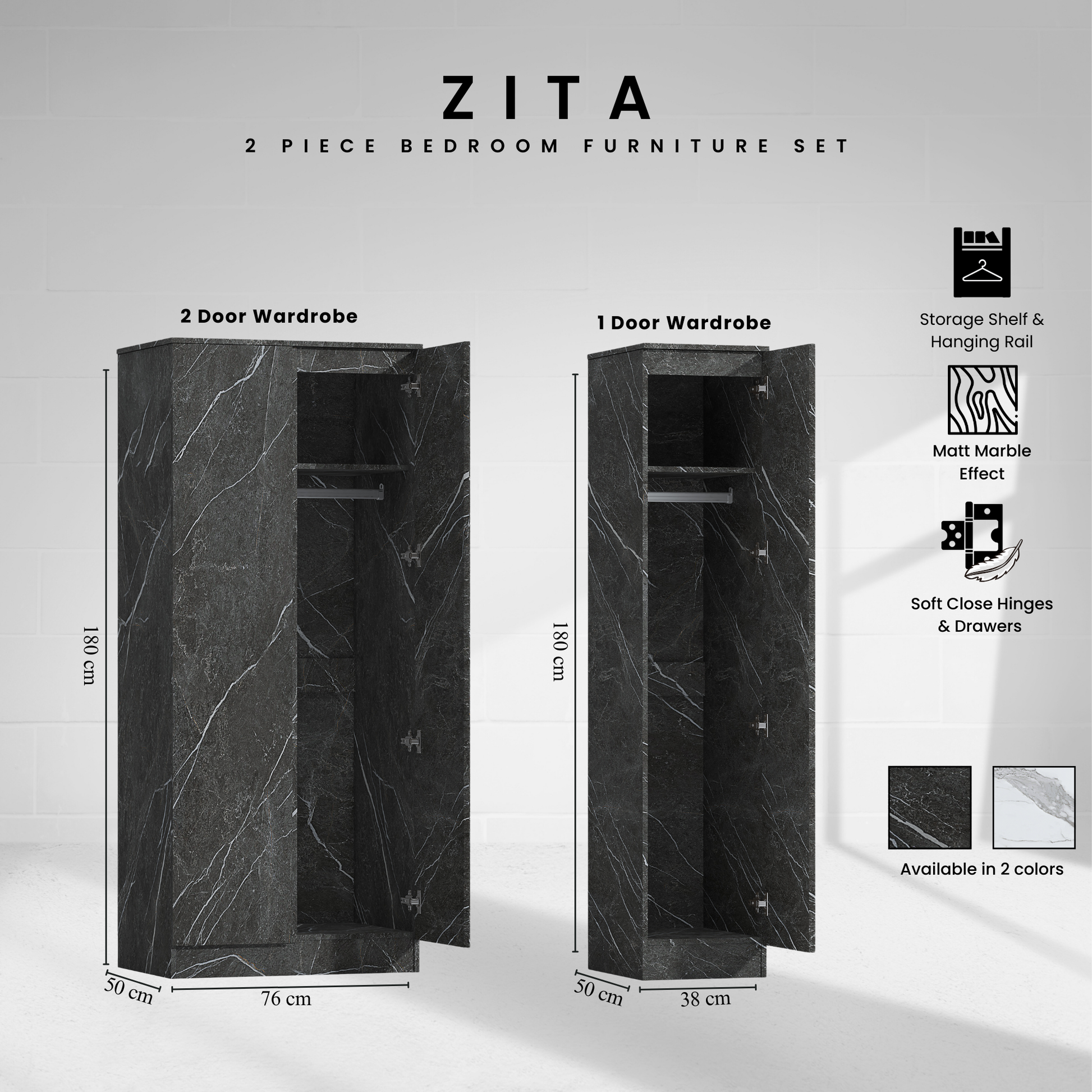 2pc grey marble wardrobe set 2 door 1 door