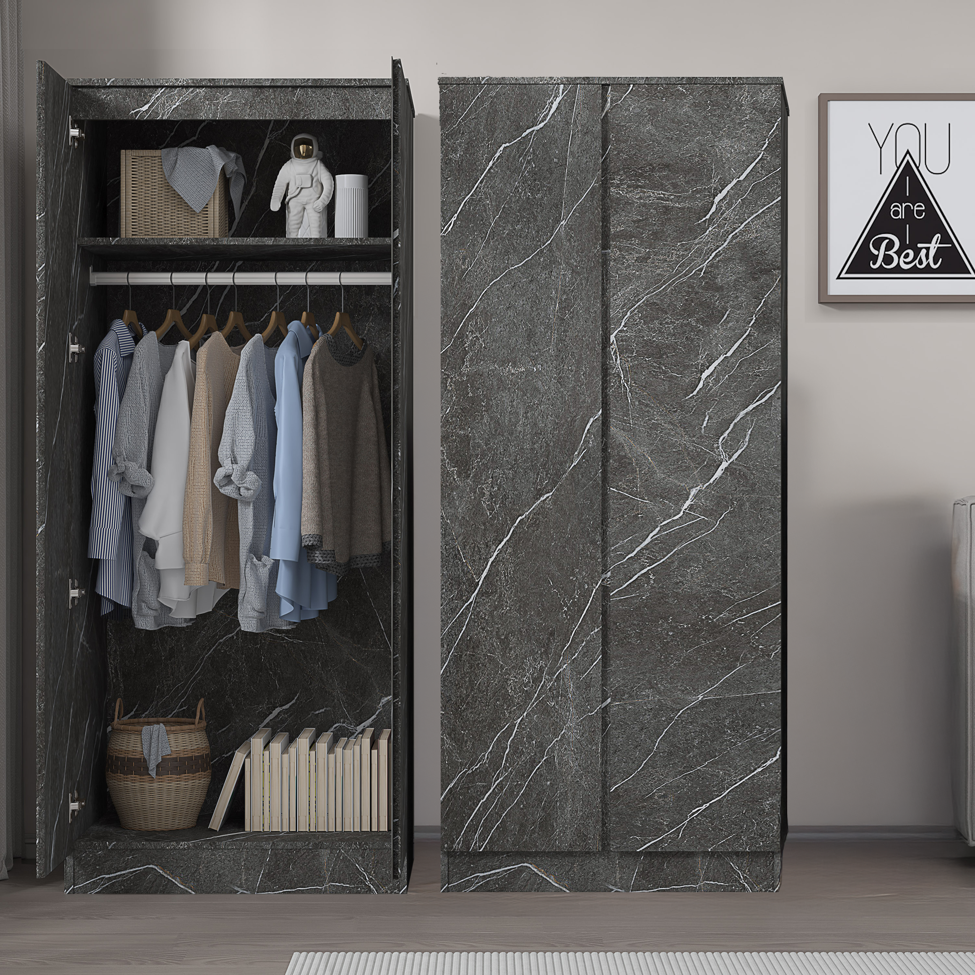 2pc grey marble wardrobe set 2 door 2 door