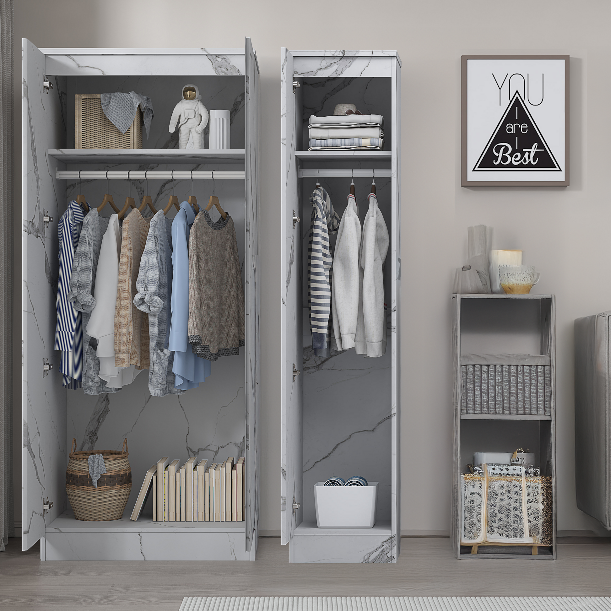 2pc white marble wardrobe set 2 door 1 door