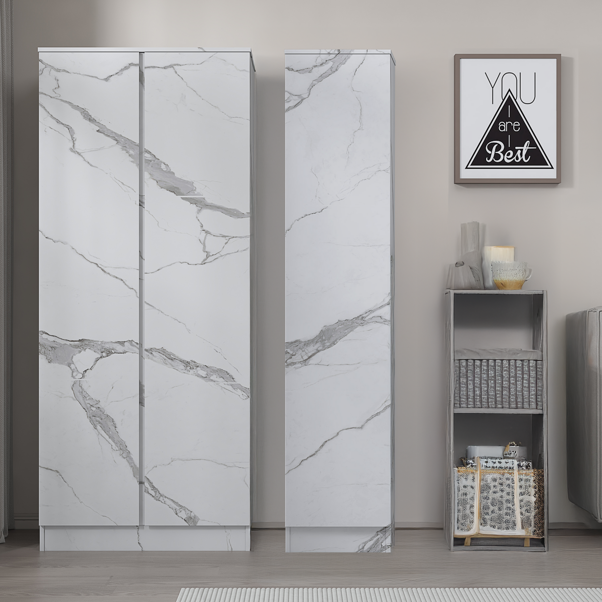 2pc white marble wardrobe set 2 door 1 door