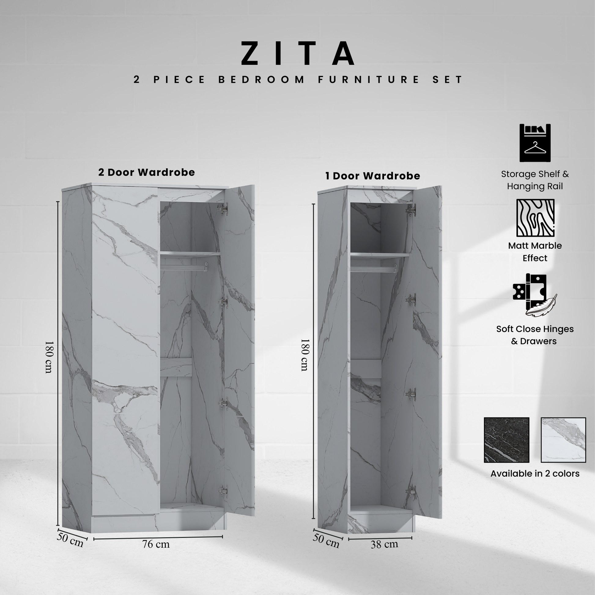 2pc white marble wardrobe set 2 door 1 door