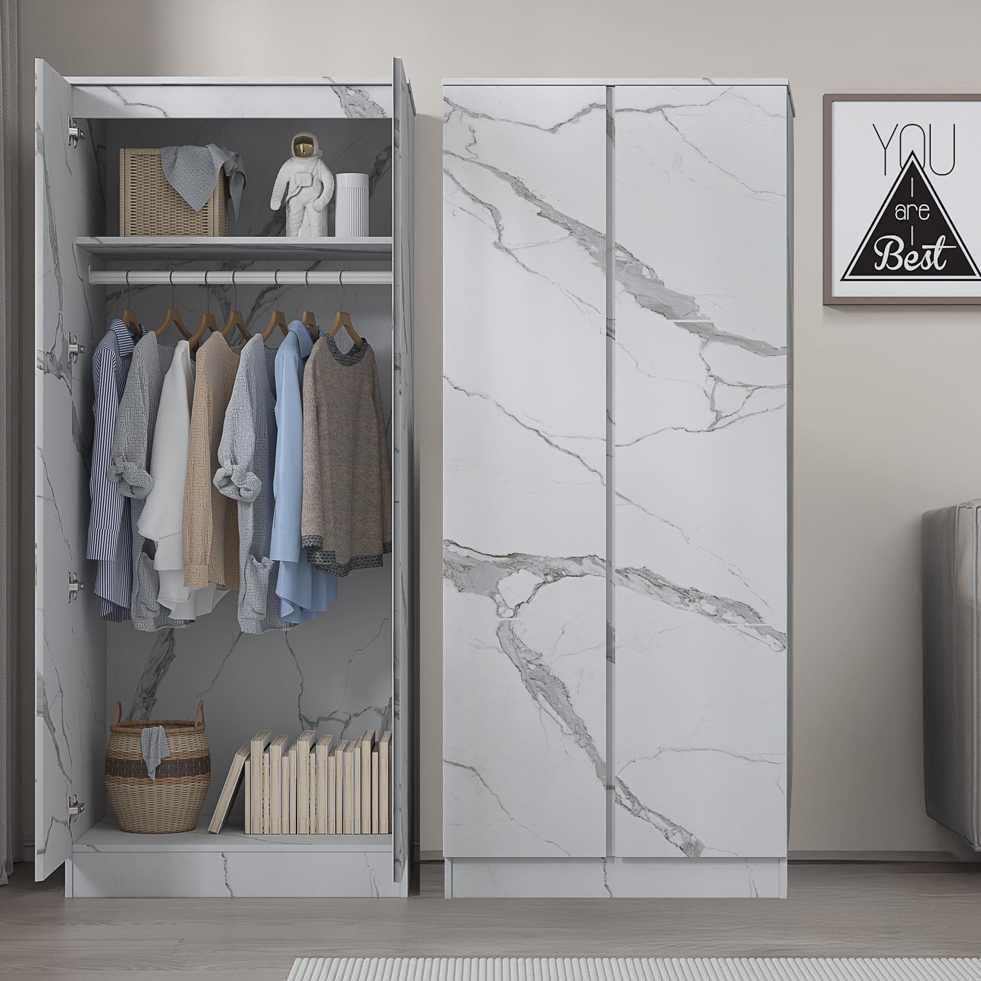 2pc white marble wardrobe set 2 door 2 door