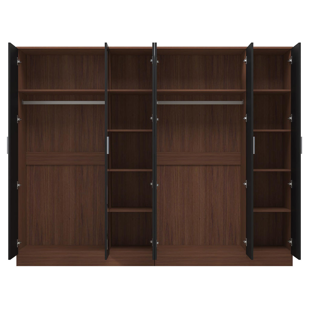 REFLECT - 3 Door MIRROR + 3 Door PLAIN Wardrobe - Gloss Black / Matt Walnut