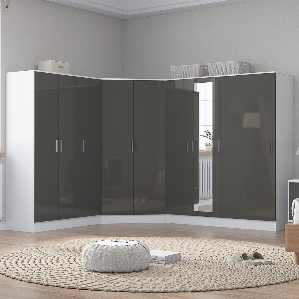Reflect 4pc Wardrobe Bundle - 2 Door Corner + 3 Door Mirror + 3 Door Plain + 1 Door Plain - Grey Gloss & Matt White