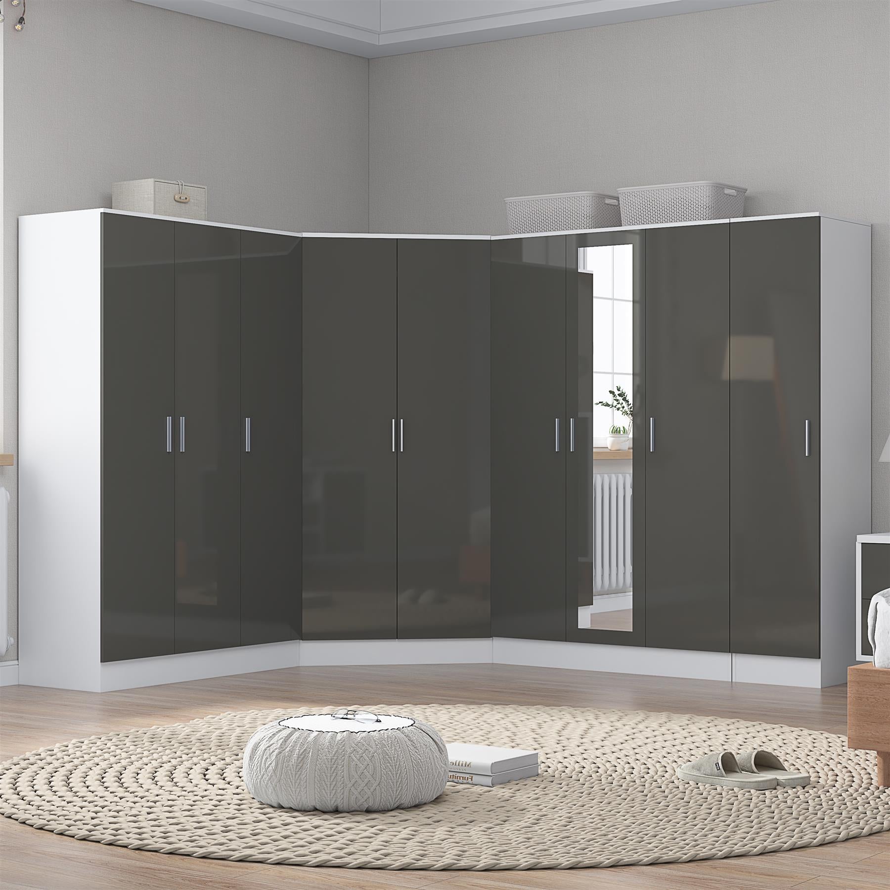 Reflect 4pc Wardrobe Bundle - 2 Door Corner + 3 Door Mirror + 3 Door Plain + 1 Door Plain - Grey Gloss & Matt White