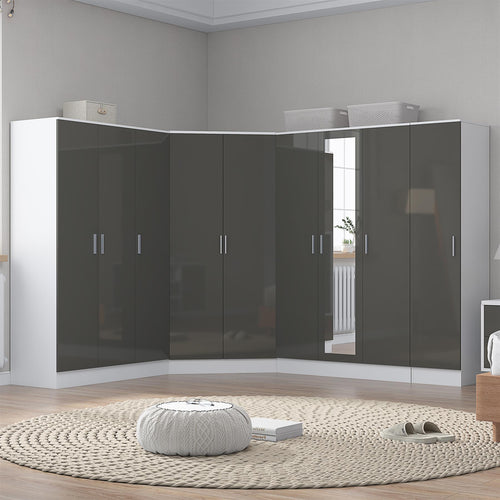 Reflect 4pc Wardrobe Bundle - 2 Door Corner + 3 Door Mirror + 3 Door Plain + 1 Door Plain - Grey Gloss & Matt White