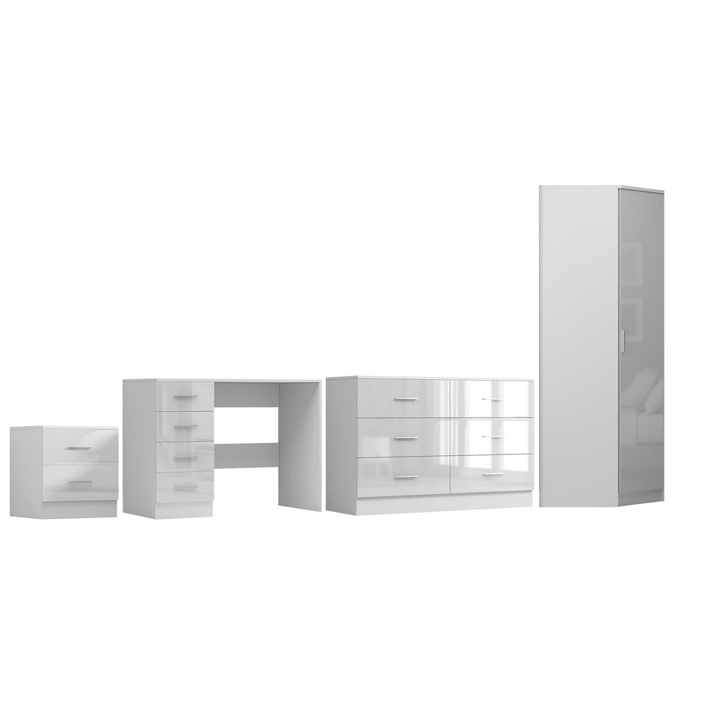 REFLECT - 1 Door Corner + 6 Drawer Chest + 2 Drawer Bedside + 4 Drawer Desk in Gloss White / Matt White