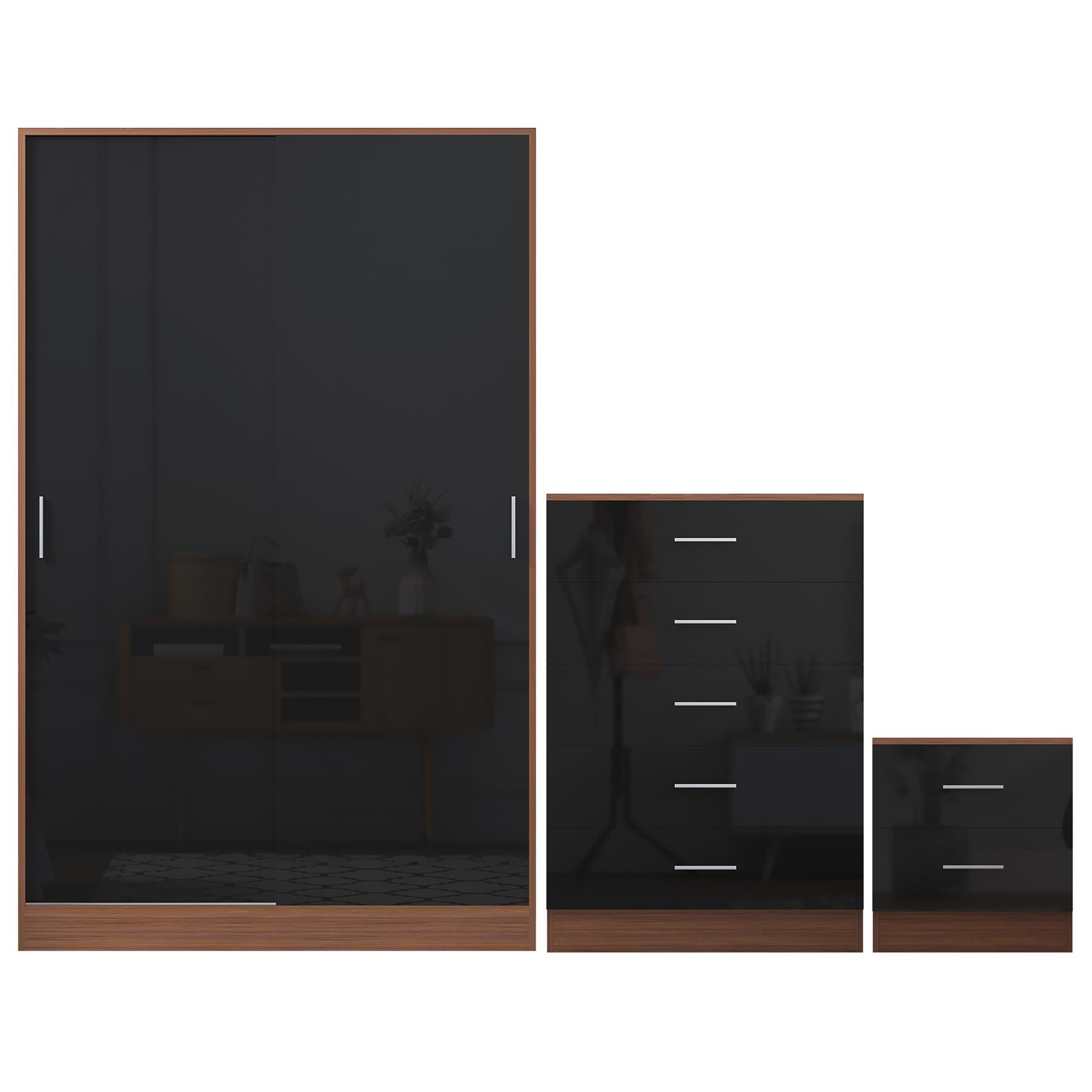 Reflect 2 Door Sliding Wardrobe, 5 Drawer Chest, 2 Drawer Bedside - Black Gloss & Walnut - Modern Bedroom Furniture Set