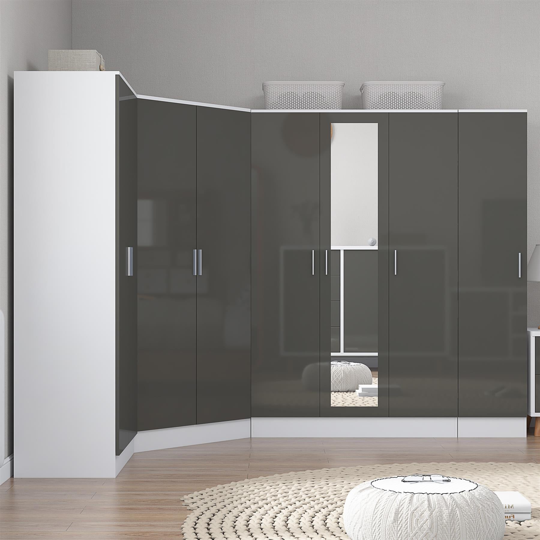 Reflect 4pc Wardrobe Bundle - 2 Door Corner + 3 Door Mirror + 2dr + 1dr Plain - Grey Gloss & Matt White