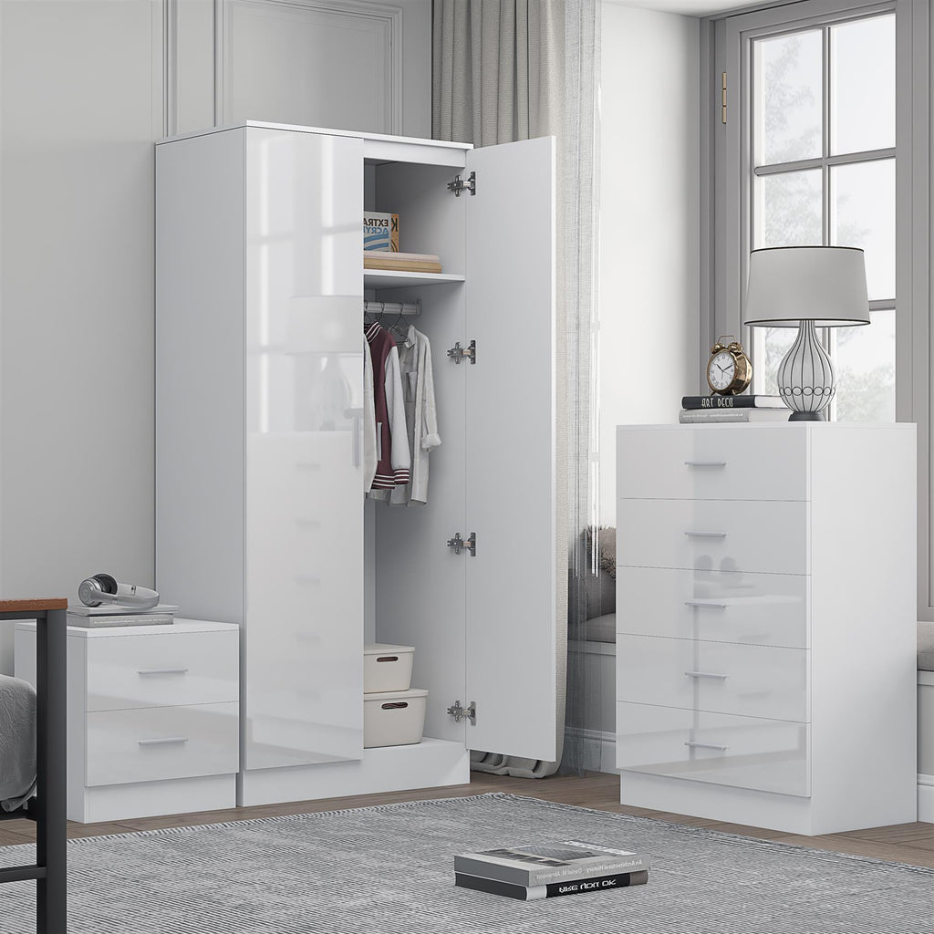 Reflect 2 Door Mirror Wardrobe, 5 Drawer Chest, 2 Drawer Bedside - White Gloss & Matt White - Modern Bedroom Furniture Set