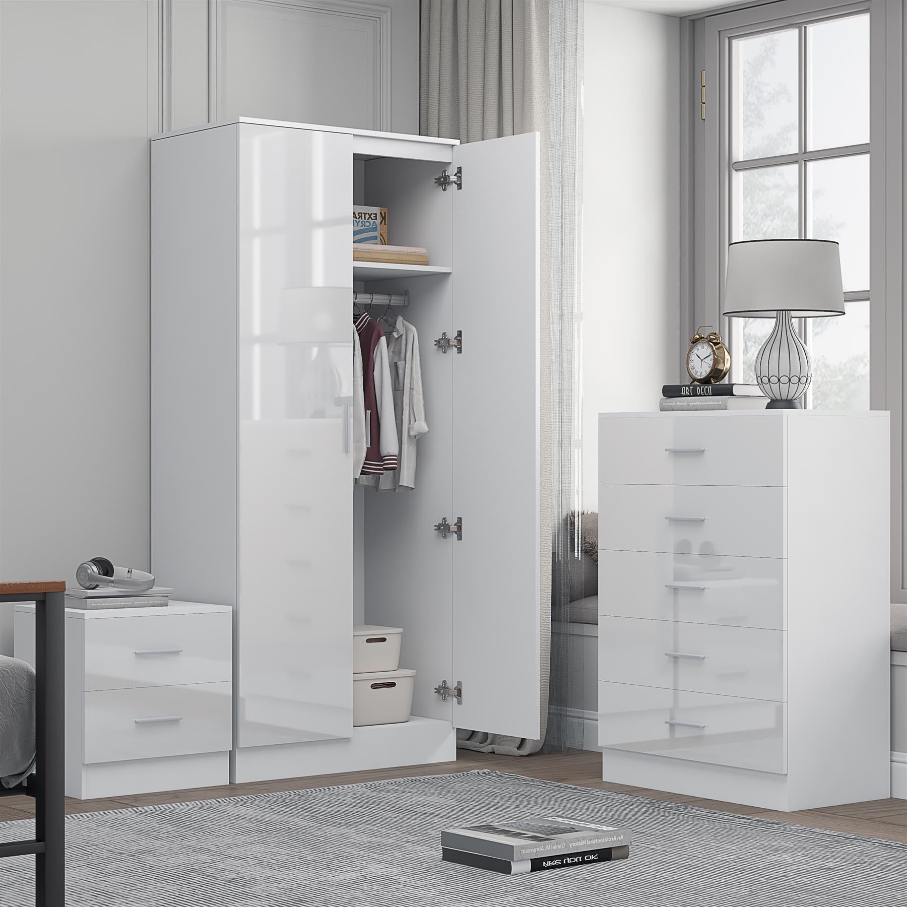 Reflect 2 Door Mirror Wardrobe, 5 Drawer Chest, 2 Drawer Bedside - White Gloss & Matt White - Modern Bedroom Furniture Set