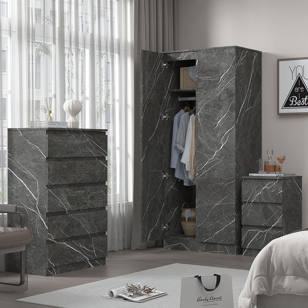 ZITA 3pc Set - 2 Door Wardrobe + Tall Chest + Bedside in White OR Grey Marble