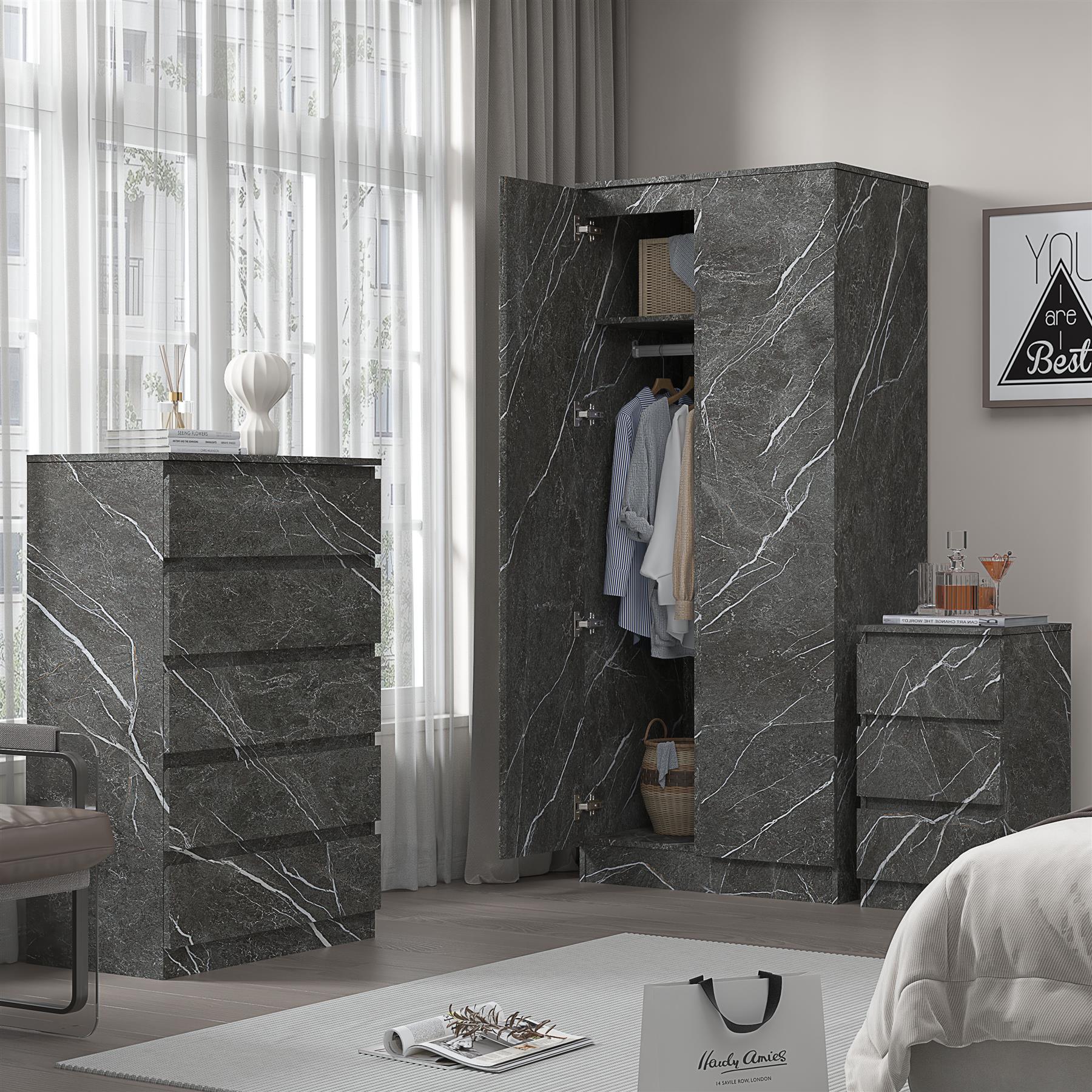 ZITA 3pc Set - 2 Door Wardrobe + Tall Chest + Bedside in White OR Grey Marble