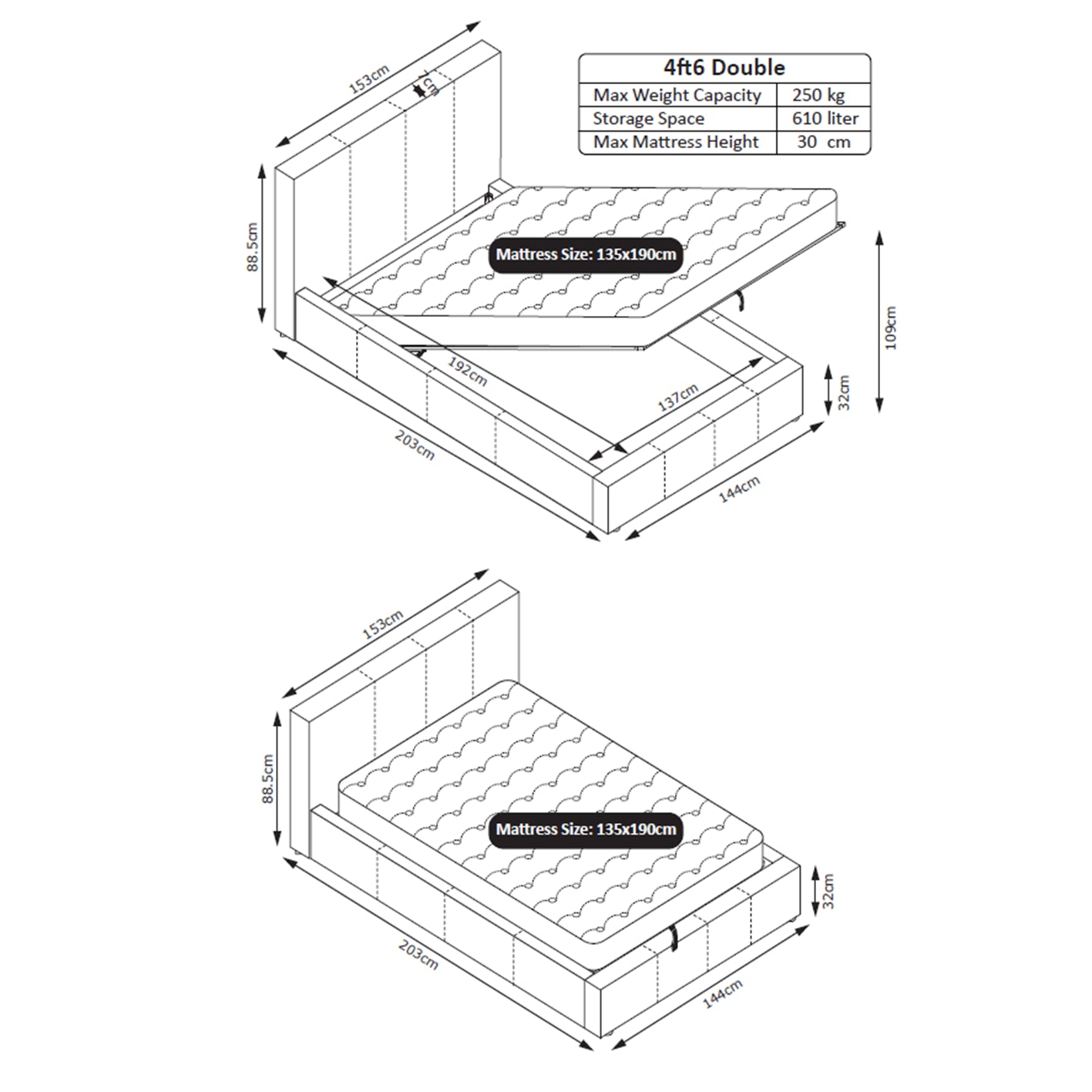 TEDDY BOUCLE 4FT6 Double Gas Lift Up Ottoman Storage Bedframe (H: 88.5cm x W: 153cm x L: 203cm) (White)