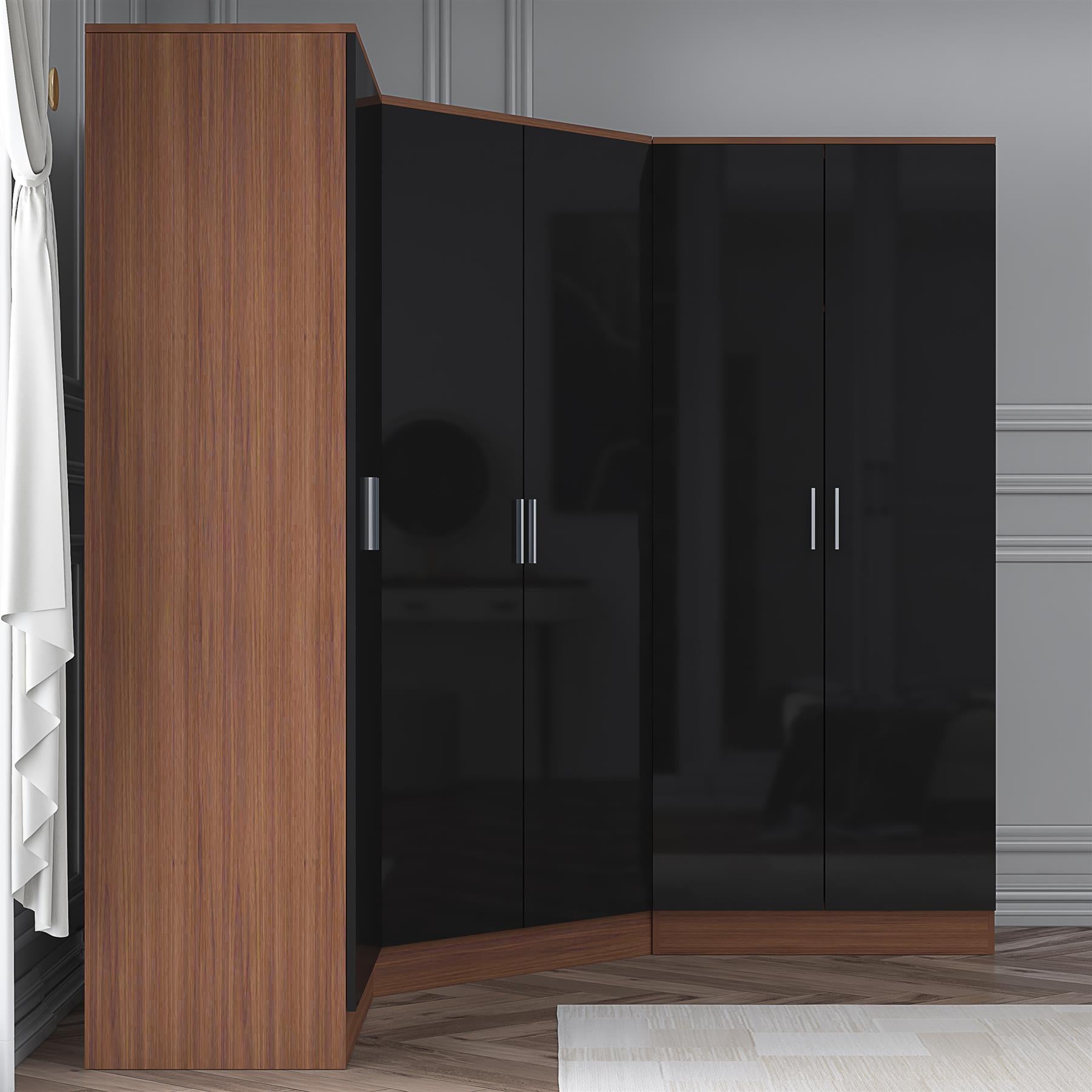 Reflect 3pc Wardrobe Bundle - 2 Door Corner + 2x 2 Door Plain - Black Gloss & Walnut