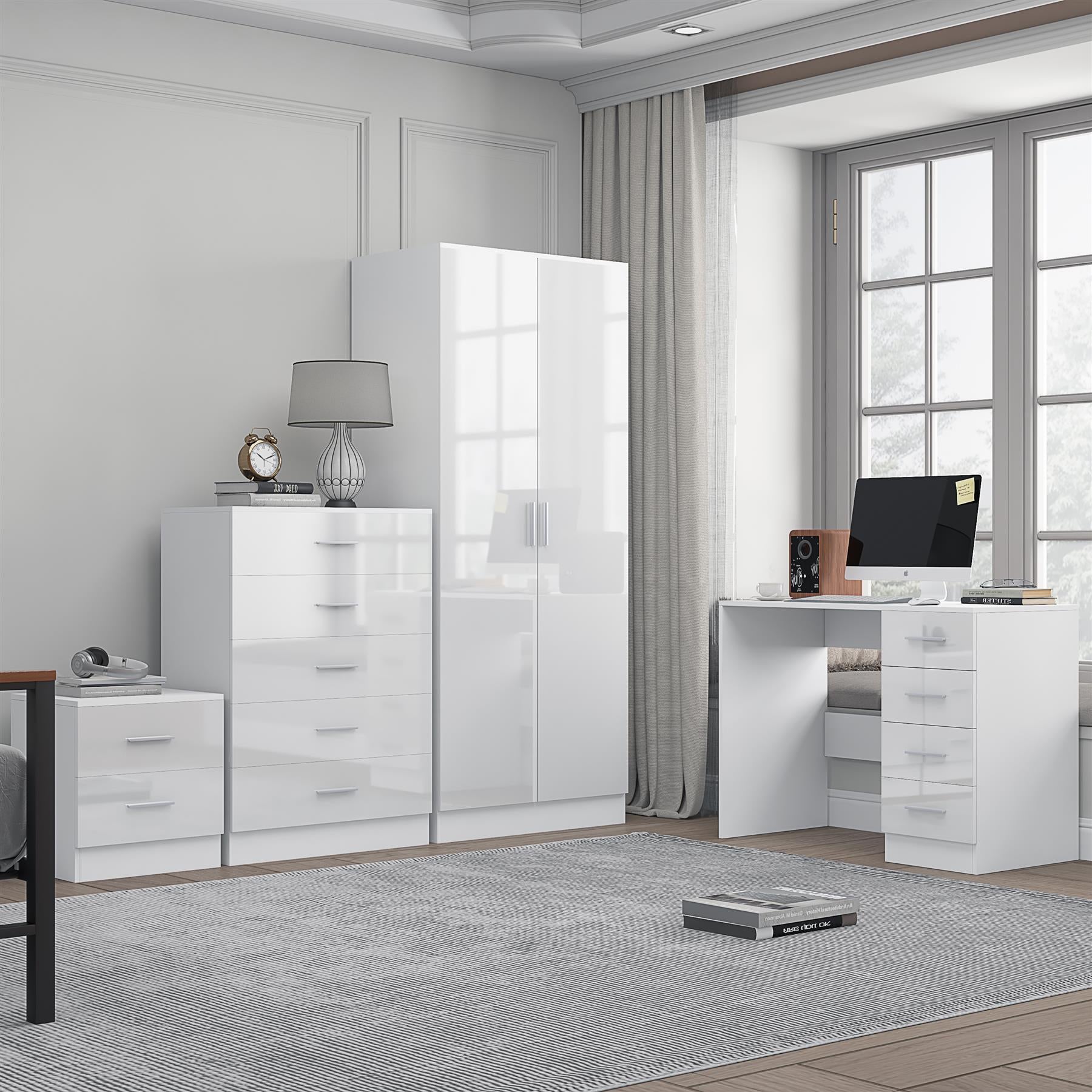 Reflect 2 Door Plain Wardrobe, 5 Drawer Chest, 2 Drawer Bedside & Desk - White Gloss & Matt White - Modern Bedroom Furniture Set