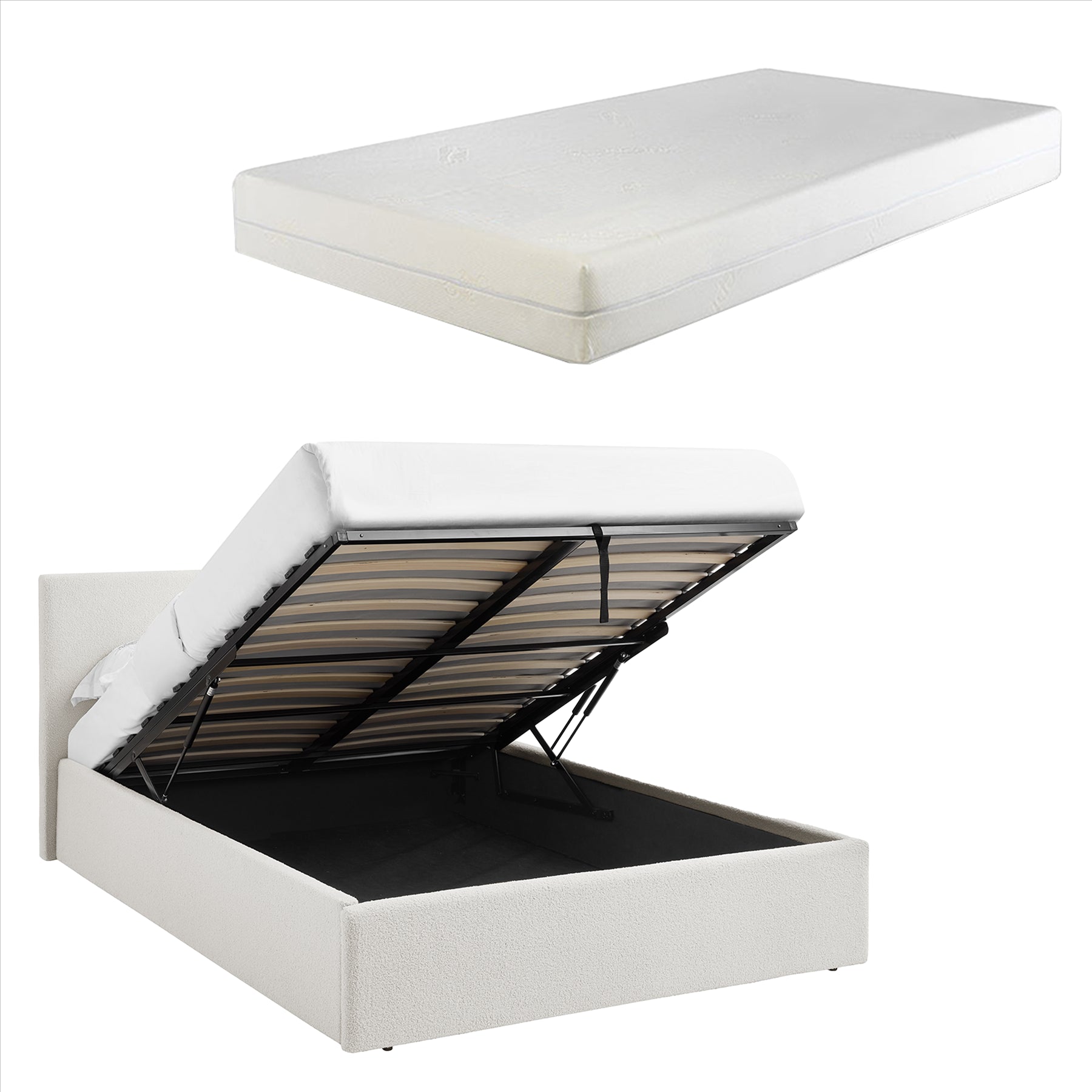 TEDDY BOUCLE 4FT Small Double White Ottoman Storage Bed Gas Lift Up - (L) 203cm x (W) 138cm with 15cm Memory Foam Mattress