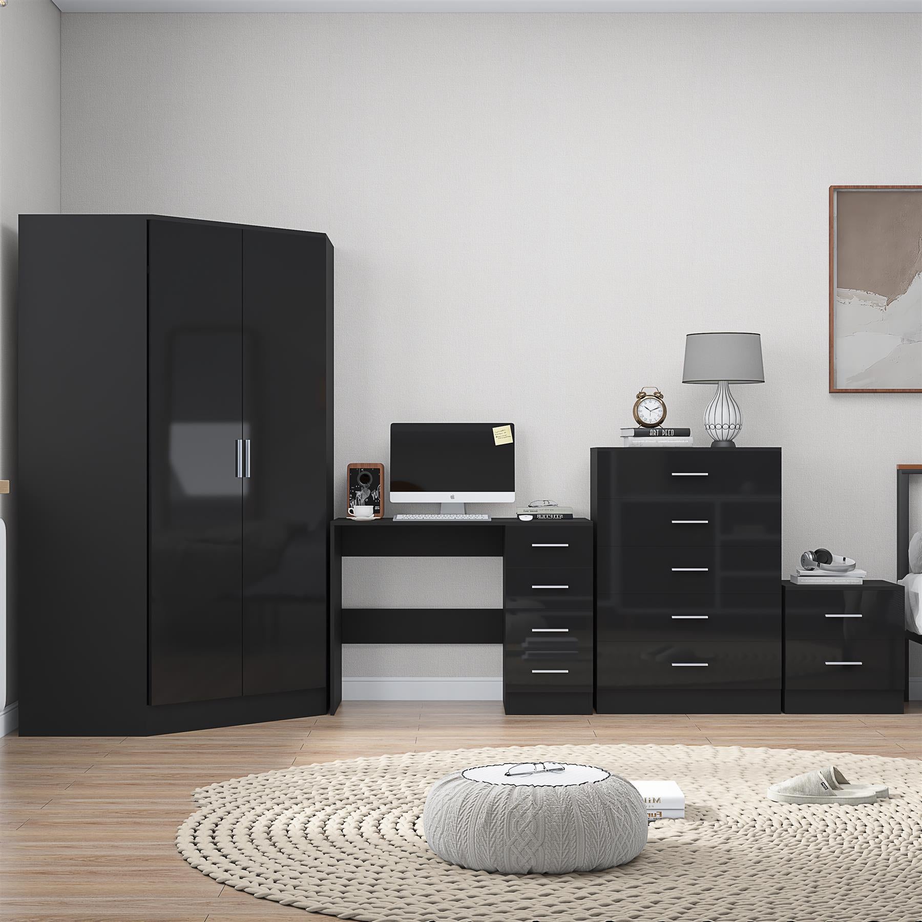 REFLECT Gloss 4pc Set - 2 Door Corner Wardrobe + 5 Draw Chest + Bedside + Desk