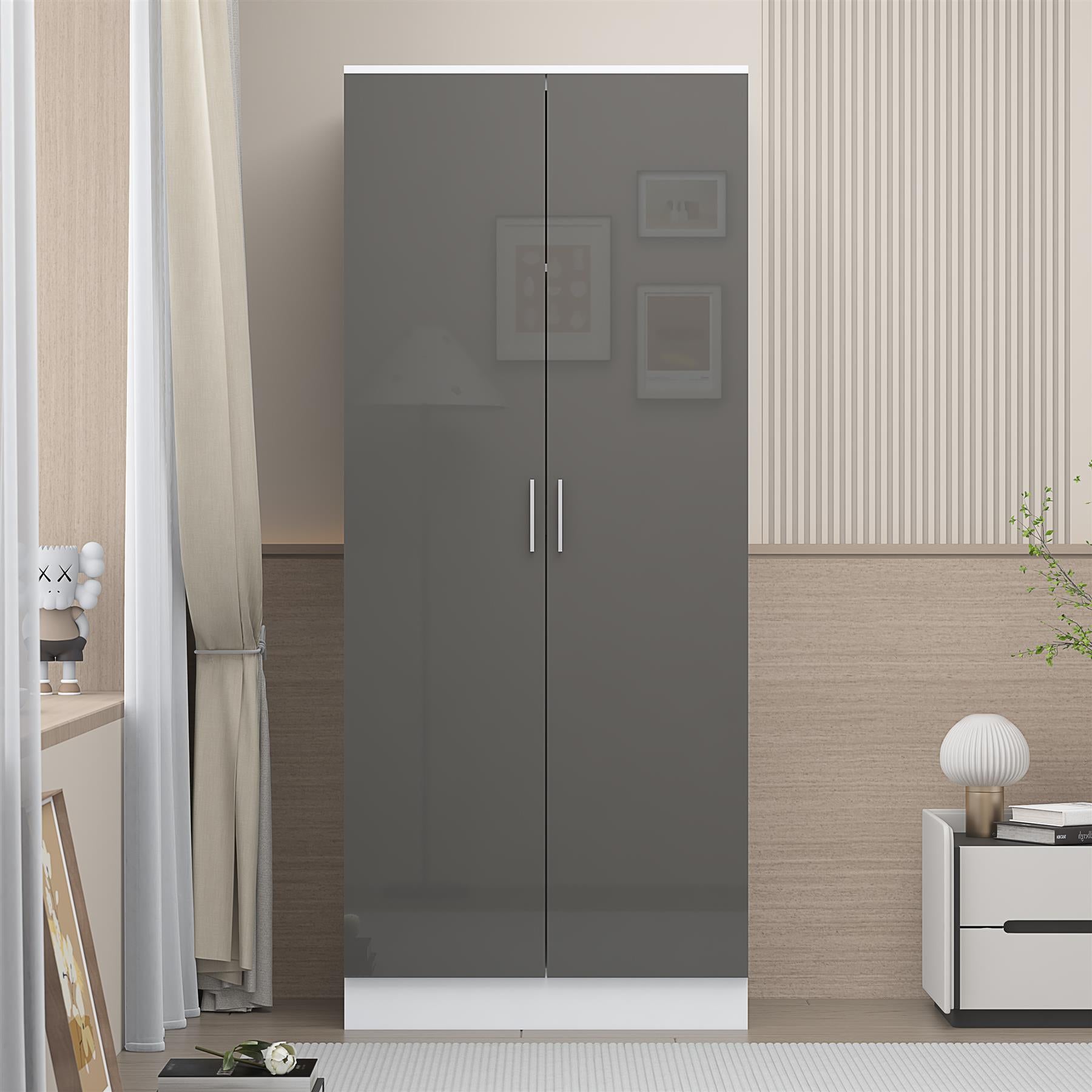 REFLECT High Gloss Bedroom Furniture Wardrobe Chest Bedside Desk in Grey/White