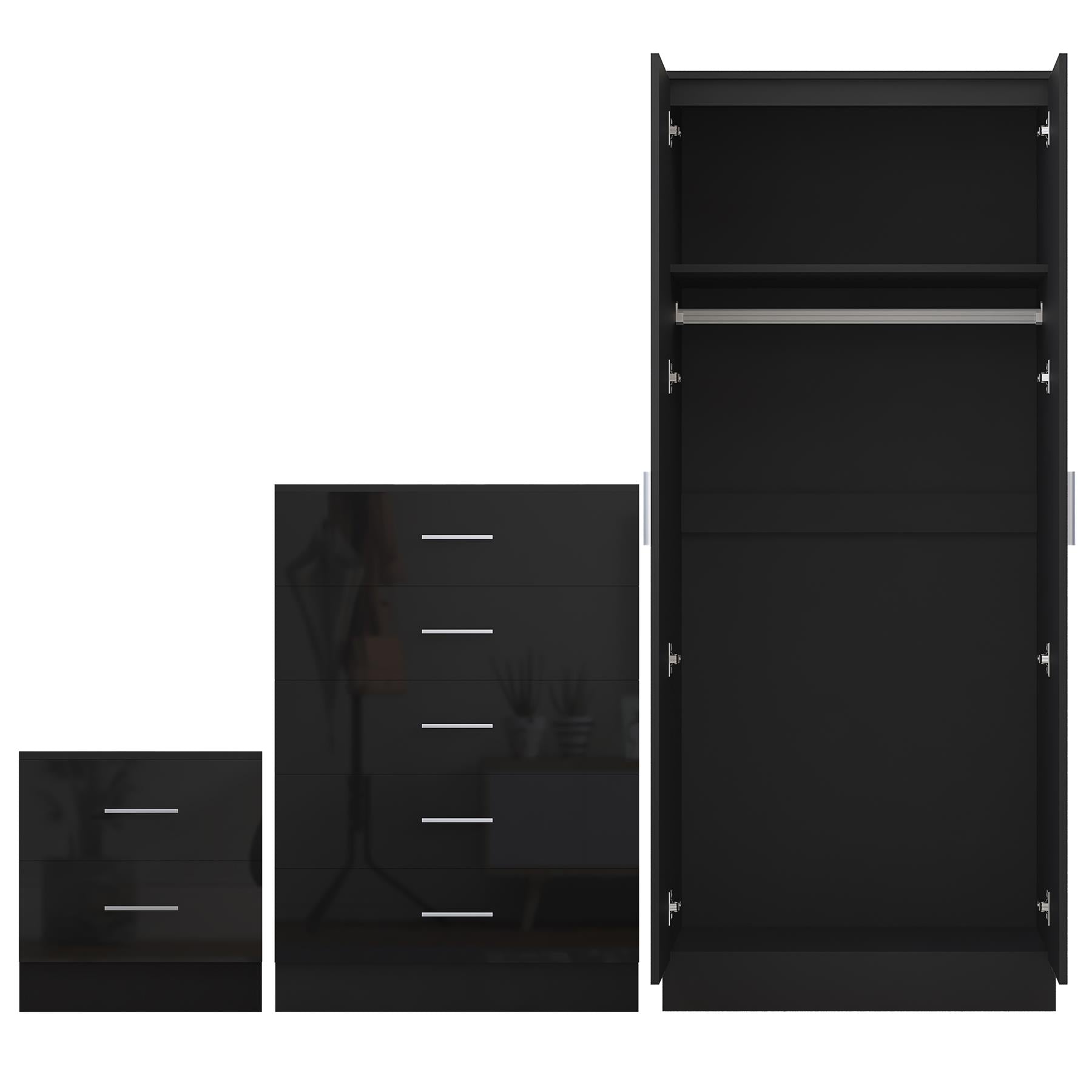 Reflect 2 Door Mirror Wardrobe, 5 Drawer Chest, 2 Drawer Bedside - Black Gloss & Black Oak - Modern Bedroom Furniture Set