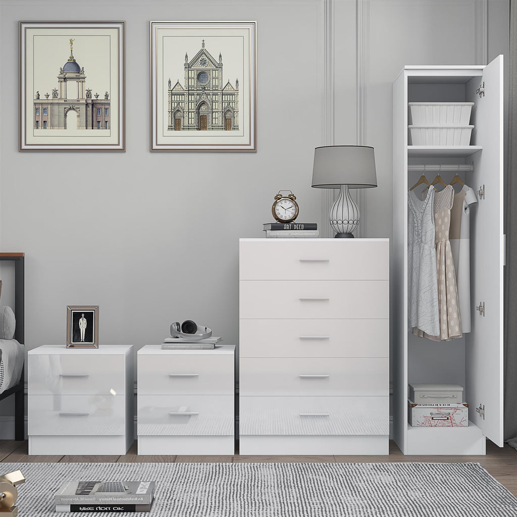 Reflect 1 Door Plain Wardrobe, 5 Drawer Chest, 2x 2 Drawer Bedsides - White Gloss & Matt White - Modern Bedroom Furniture Set