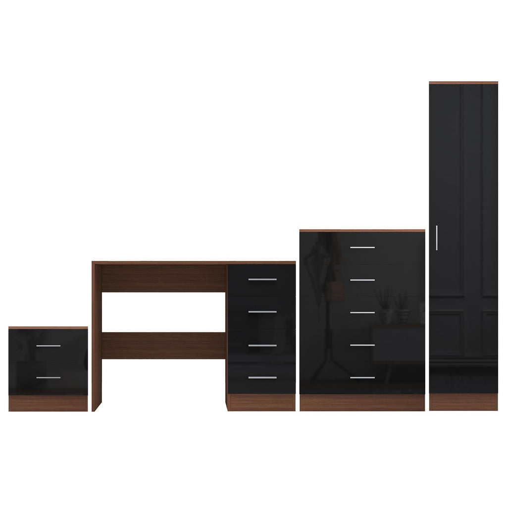 Reflect 1 Door Plain Wardrobe, 5 Drawer Chest, 2 Drawer Bedside & Desk - Black Gloss & Walnut - Bedroom Furniture Set
