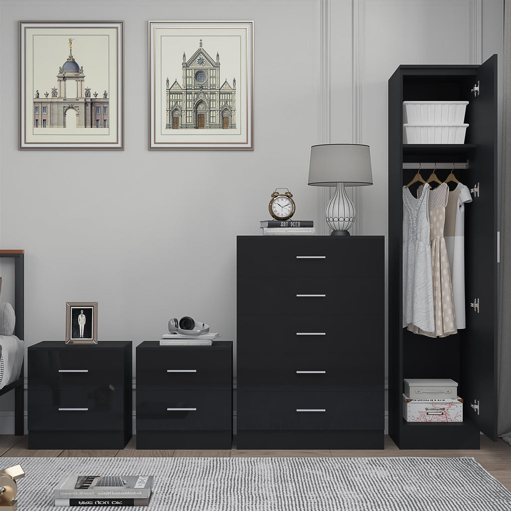 Reflect 1 Door Plain Wardrobe, 5 Drawer Chest, 2x 2 Drawer Bedsides - Black Gloss & Black Oak - Modern Bedroom Furniture Set
