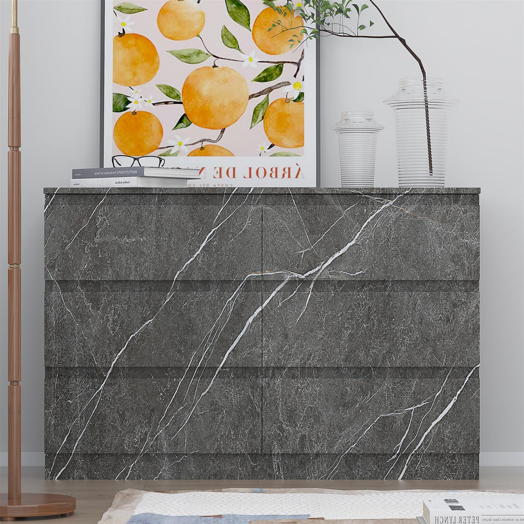 ZITA Grey Marble Effect 6 Drawer Chest - Wide Storage Unit, (L) 40cm x (W) 112cm x (H) 75cm, Stylish Bedroom Storage
