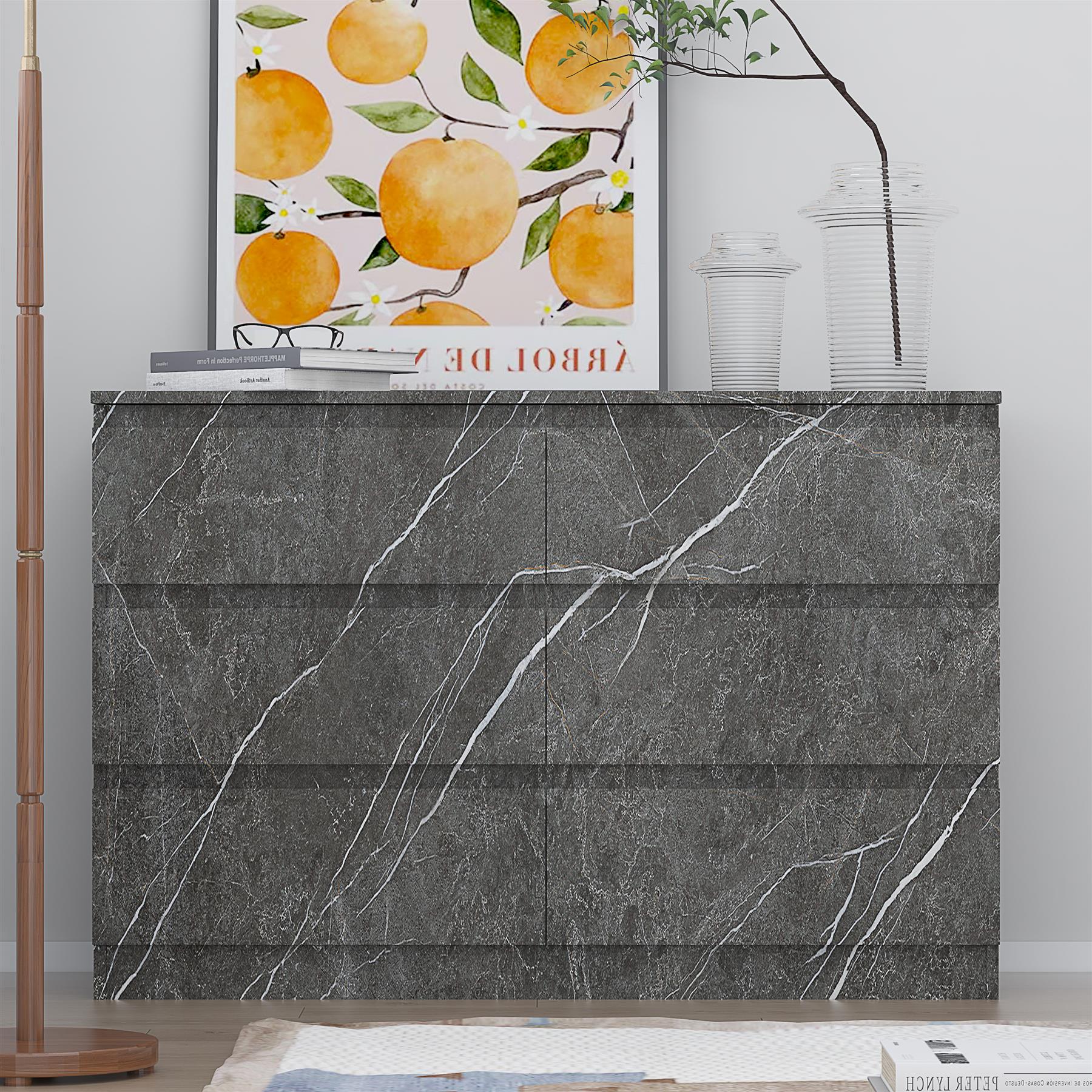 ZITA Grey Marble Effect 6 Drawer Chest - Wide Storage Unit, (L) 40cm x (W) 112cm x (H) 75cm, Stylish Bedroom Storage