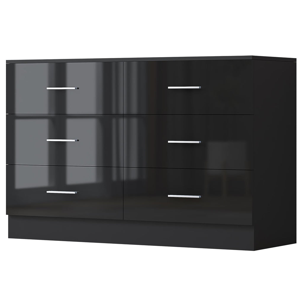 Reflect Wide 6 Drawer Chest - Black Gloss & Matt Black - Modern Bedroom Storage Unit with Drawers - H: 75cm x W: 112cm x D: 40cm