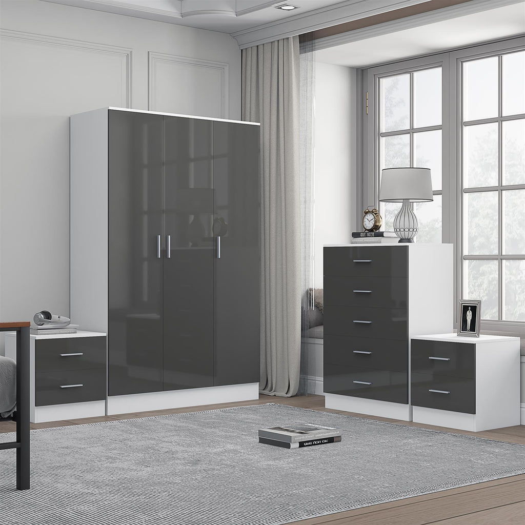 REFLECT Gloss 4pc Bedroom Set - 3 Door Wardrobe + 5 Draw Chest + 2 Bedsides