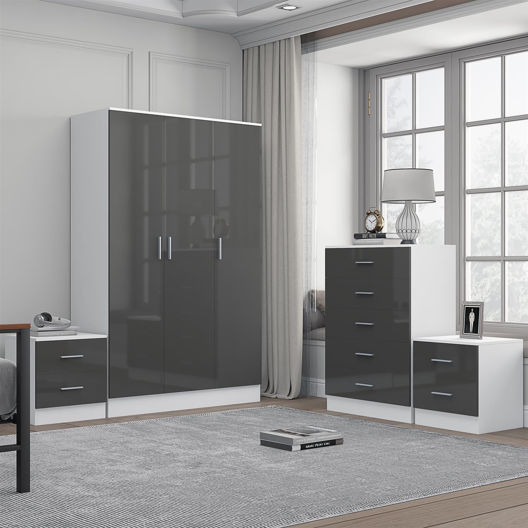 REFLECT Gloss 4pc Bedroom Set - 3 Door Wardrobe + 5 Draw Chest + 2 Bedsides