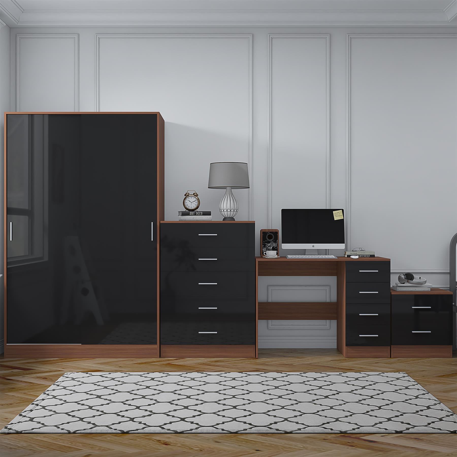Reflect 2 Door Sliding Wardrobe, 5 Drawer Chest, 2 Drawer Bedside & Desk - Black Gloss & Walnut - Modern Bedroom Furniture Set