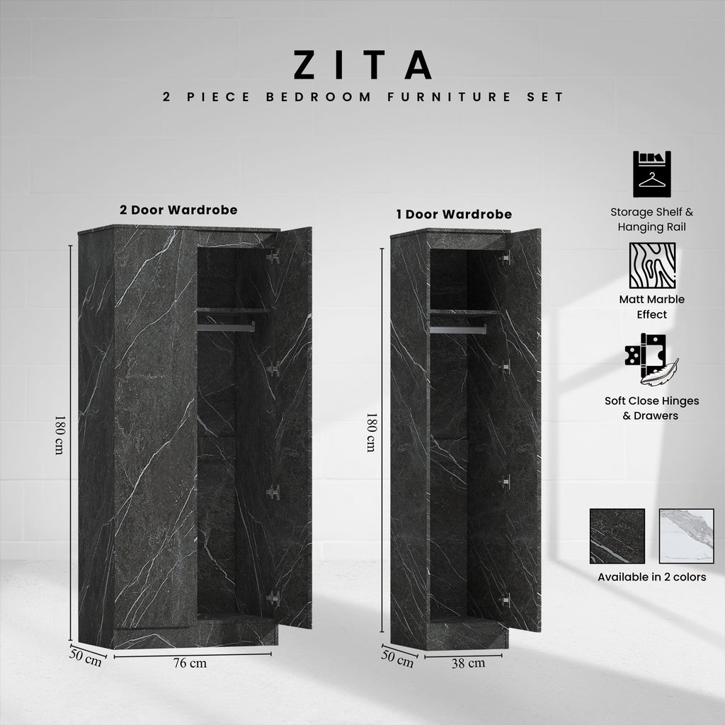 ZITA Grey Marble Effect 2 Piece Wardrobe Set - 2 Door and 1 Door, Spacious Bedroom Storage Solutions.