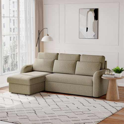 FLYN - 3 Seater L Shape Corner Sofabed in Teddy Boucle TAUPE
