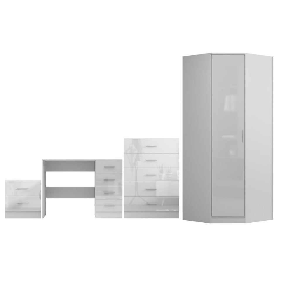 REFLECT - 1 Door Corner + 5 Drawer Chest + 2 Drawer Bedside + 4 Drawer Desk in Gloss White / Matt White