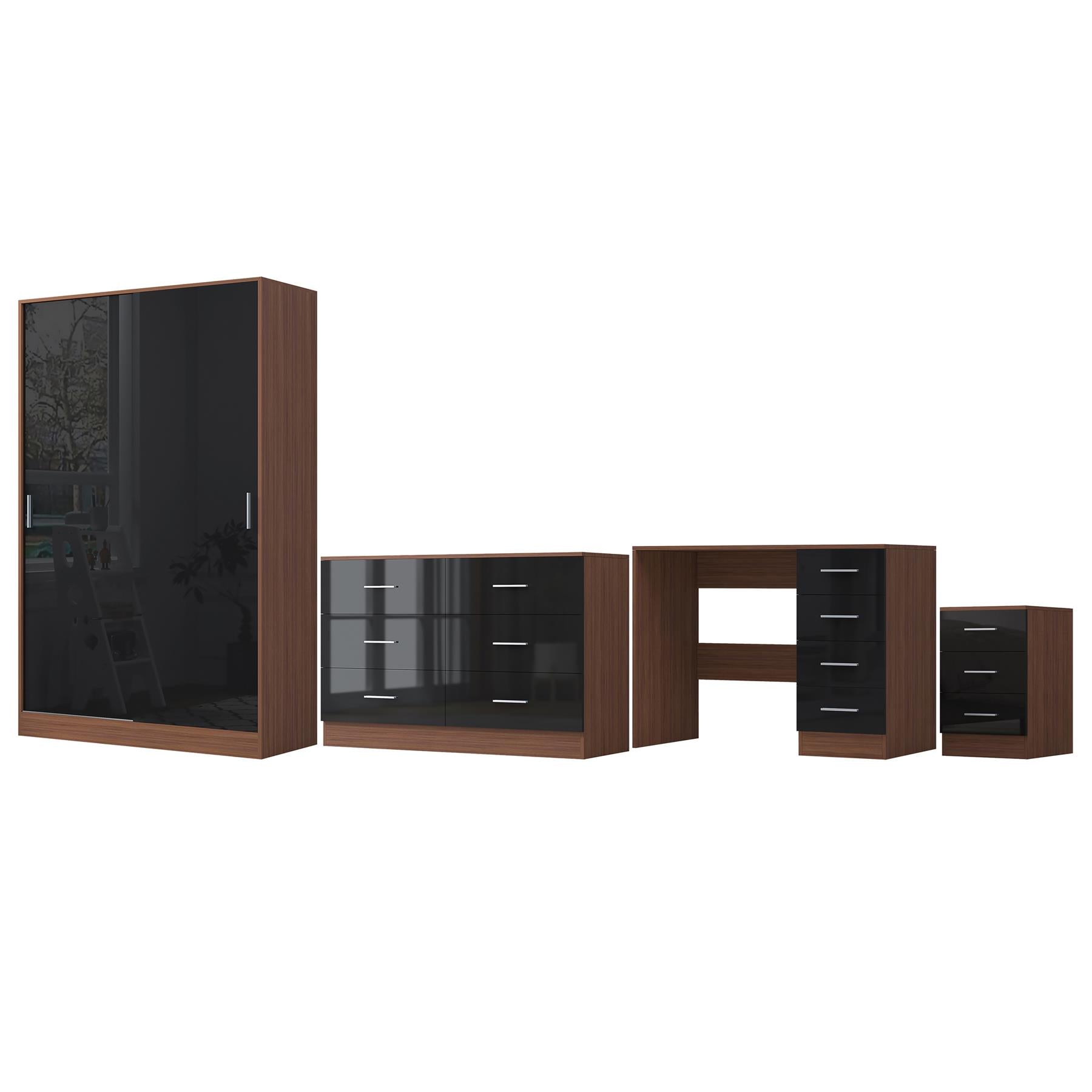 Reflect 2 Door Sliding Wardrobe, 6 Drawer Wide Chest, 3 Drawer Bedside, 4 Drawer Desk - Black Gloss & Walnut - Modern Bedroom Furniture Set.