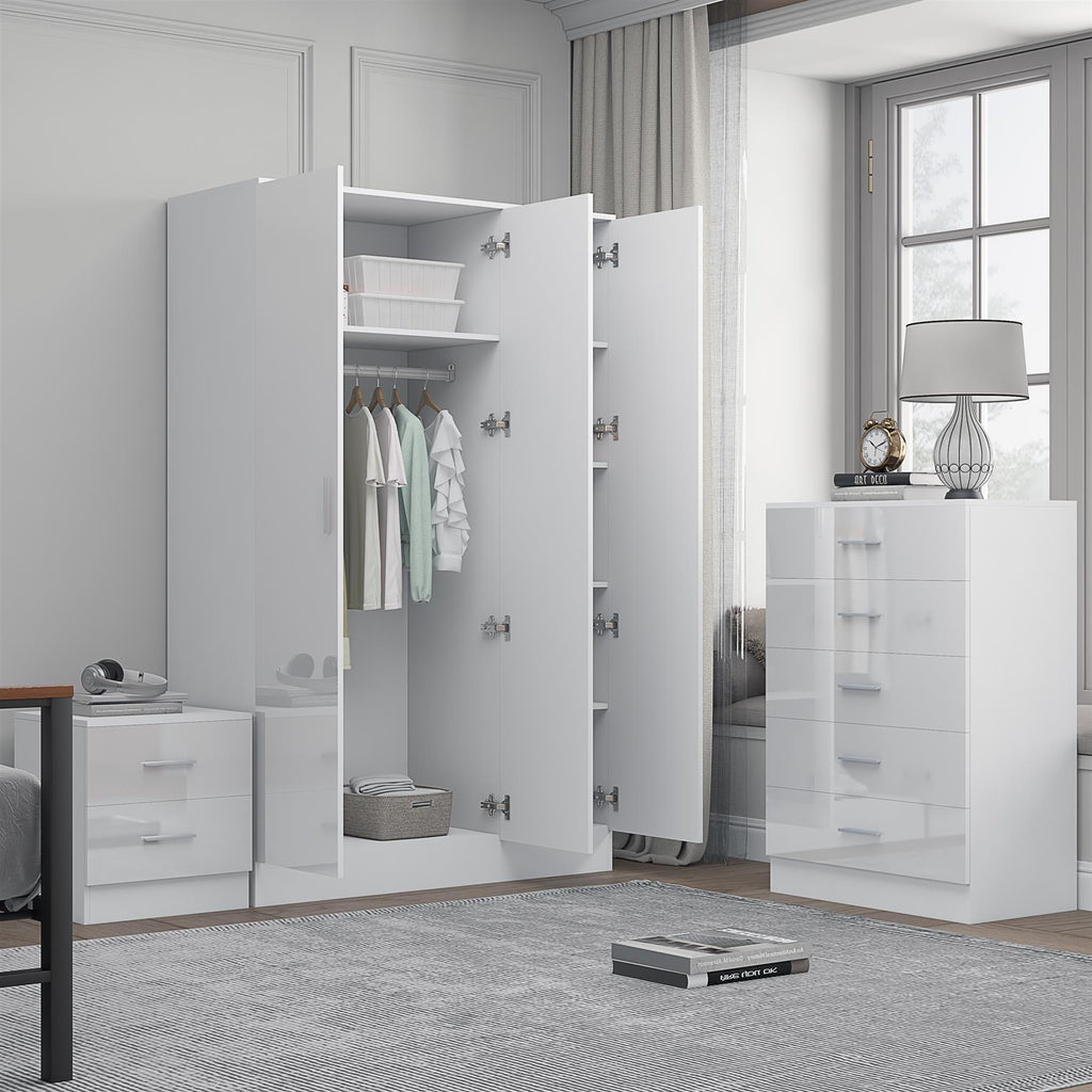 REFLECT Gloss 3pc Set - 3 Door Mirrored Wardrobe + 5 Draw Chest + Bedside