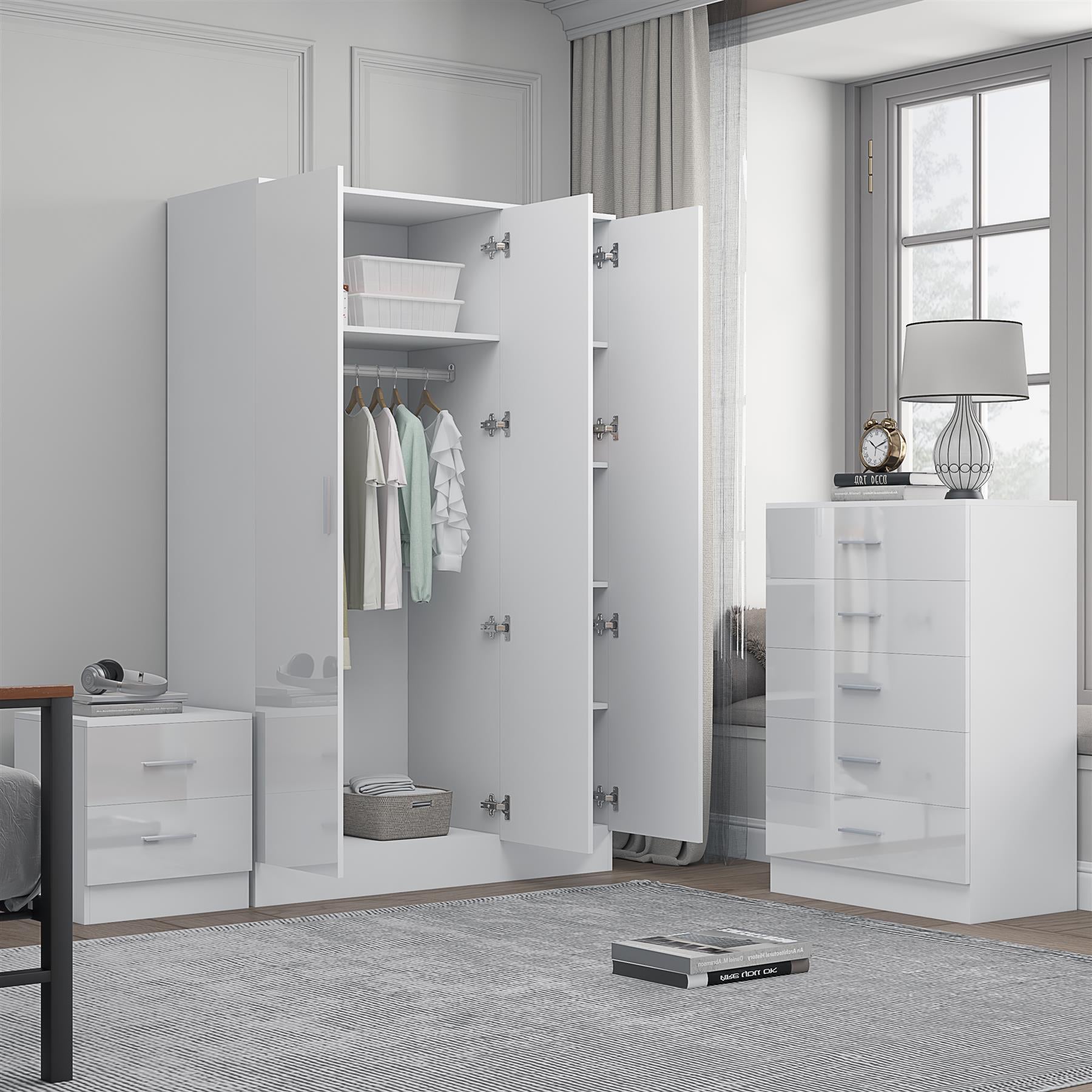 REFLECT Gloss 3pc Set - 3 Door Mirrored Wardrobe + 5 Draw Chest + Bedside