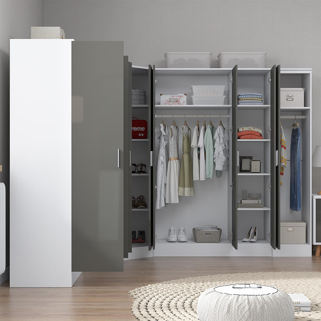 Reflect 4pc Wardrobe Bundle - 2 Door Corner + 2x 3 Door Plain + 1 Door Plain - Grey Gloss & Matt White