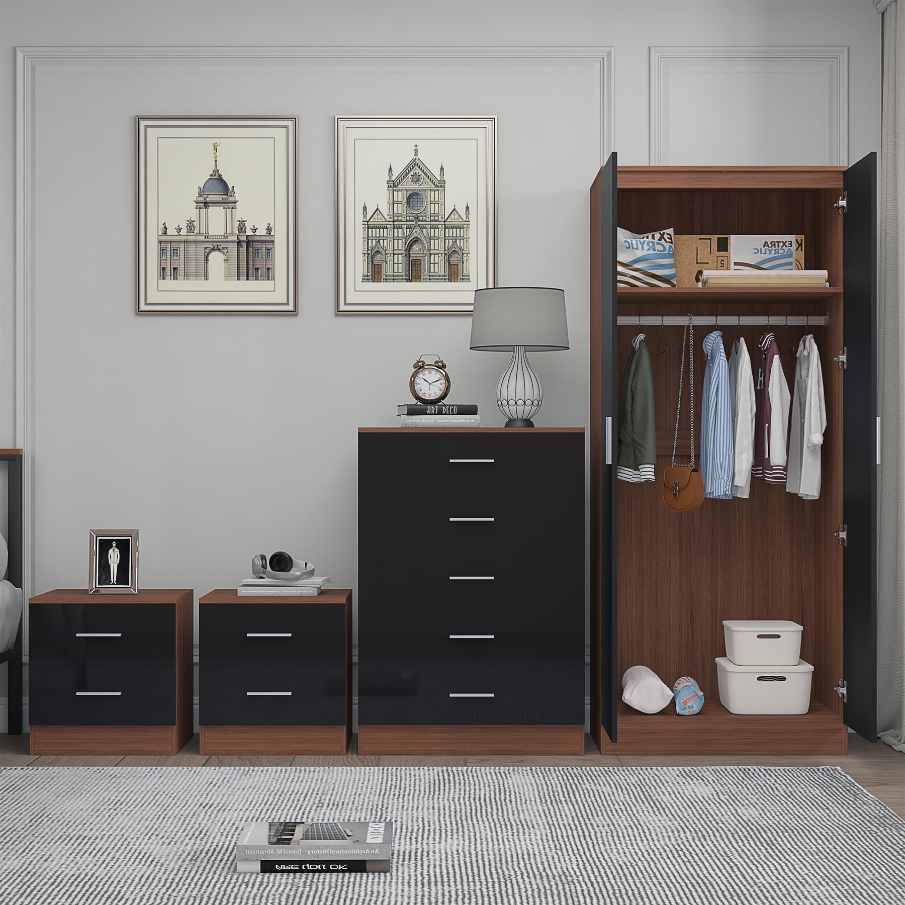 Reflect 2 Door Mirror Wardrobe, 5 Drawer Chest, 2x 2 Drawer Bedsides - Black Gloss & Walnut - Modern Bedroom Furniture Set