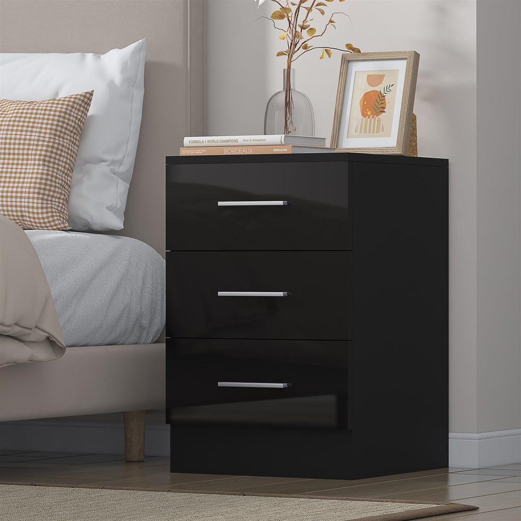 Reflect 3 Drawer Bedside - Black Gloss & Black Oak - Modern Nightstand for Bedroom Storage - H: 59.5cm x W: 39.5cm x D: 38cm