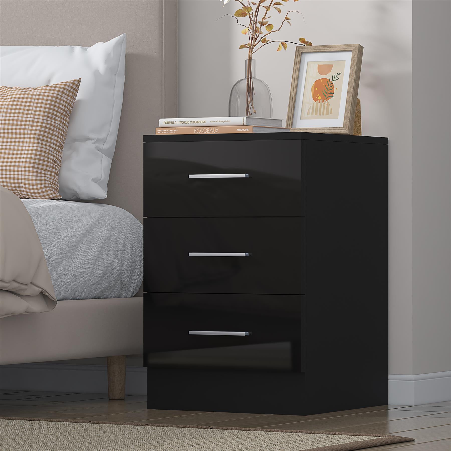 Reflect 3 Drawer Bedside - Black Gloss & Black Oak - Modern Nightstand for Bedroom Storage - H: 59.5cm x W: 39.5cm x D: 38cm