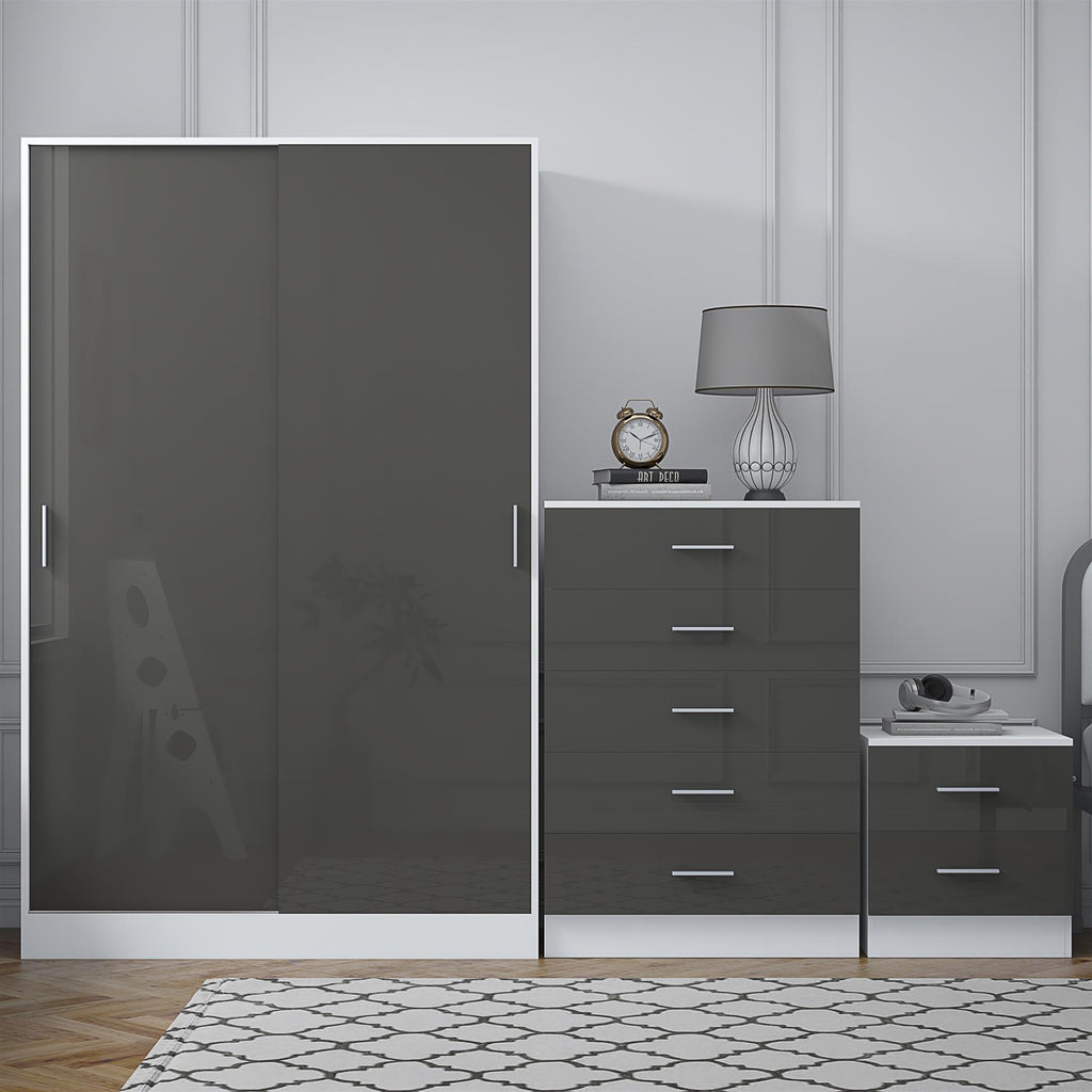 REFLECT Gloss 3pc Set - 2 Door Sliding Wardrobe + 5 Draw Chest + Bedside