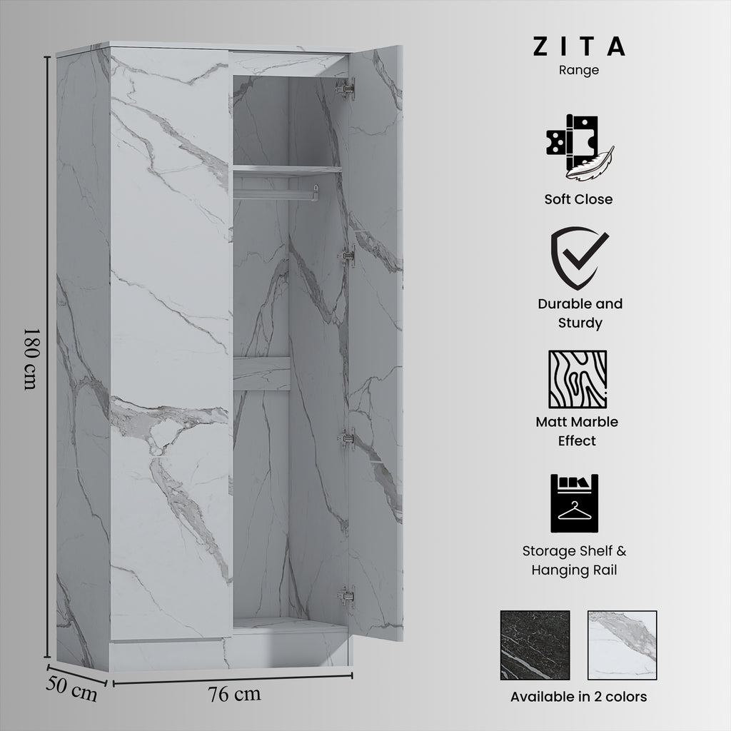 ZITA 2 Door PLAIN Wardrobe - White Marble Effect