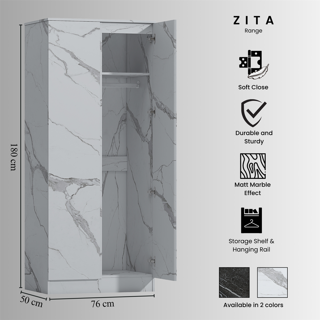 ZITA Bedroom Furniture Wardrobe Chest Bedside in White OR Grey Marble Colour