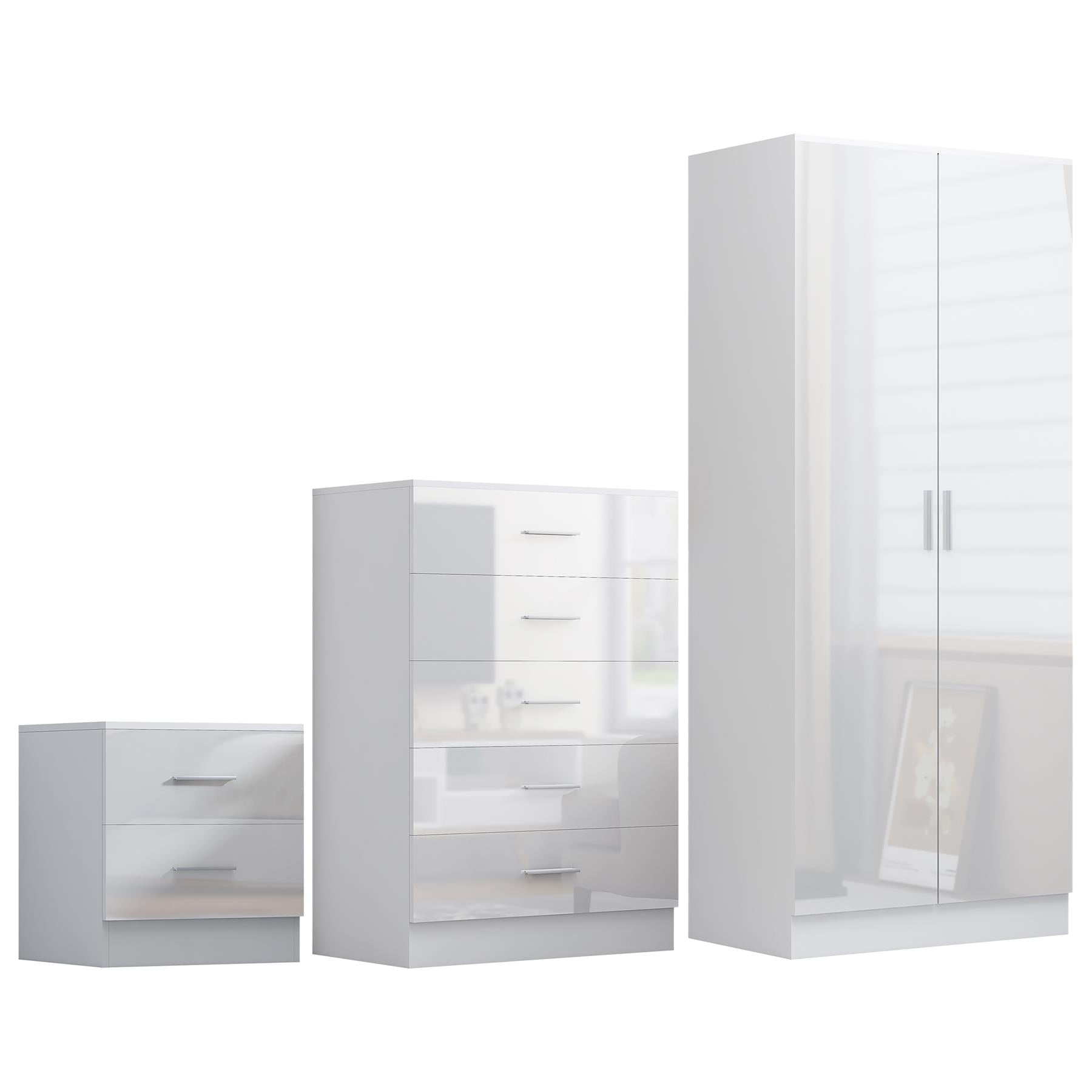 Reflect 2 Door Plain Wardrobe, 5 Drawer Chest, 2 Drawer Bedside - White Gloss & Matt White - Modern Bedroom Furniture Set