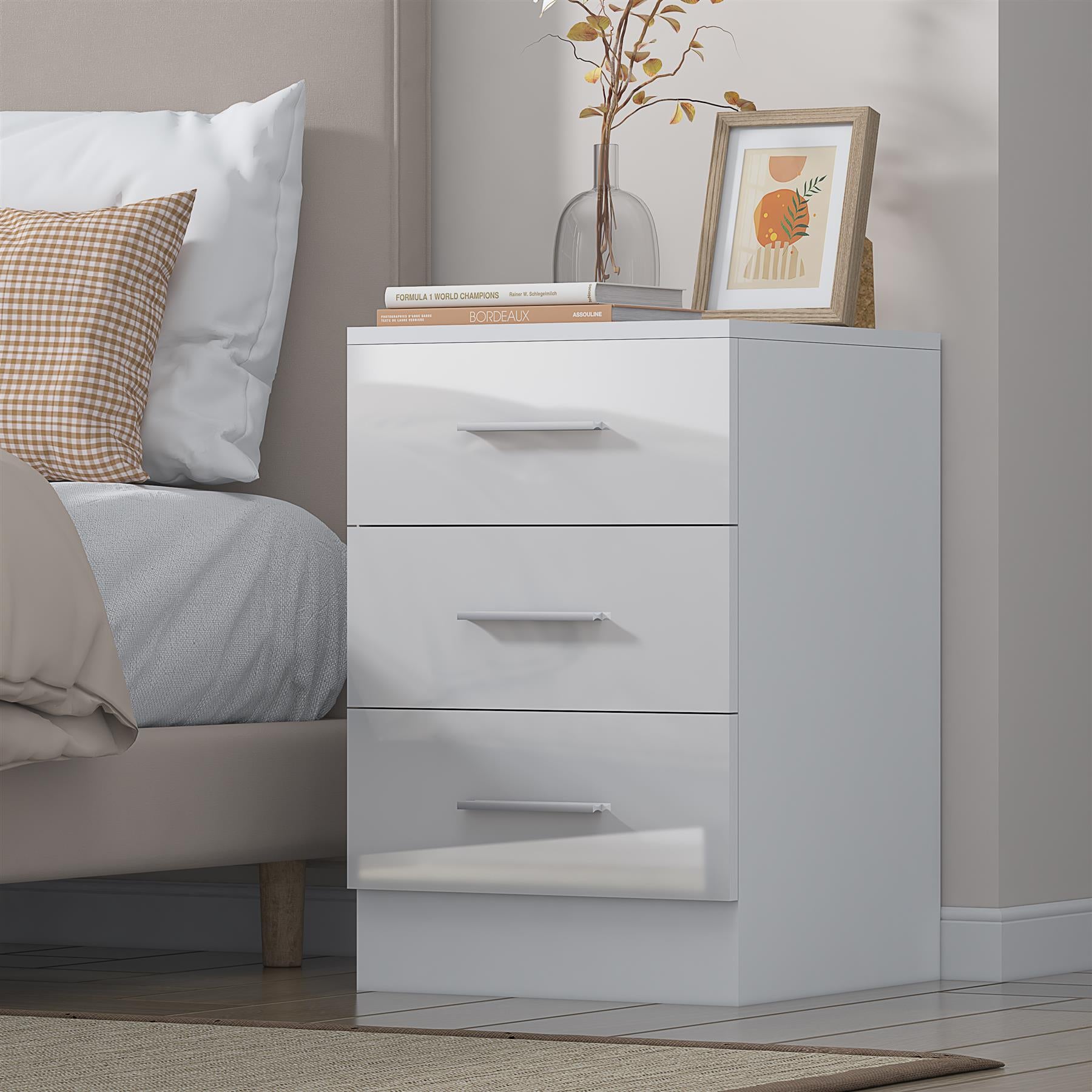 Reflect 3 Drawer Bedside - White Gloss & Matt White - Modern Nightstand for Bedroom Storage - H: 59.5cm x W: 39.5cm x D: 38cm