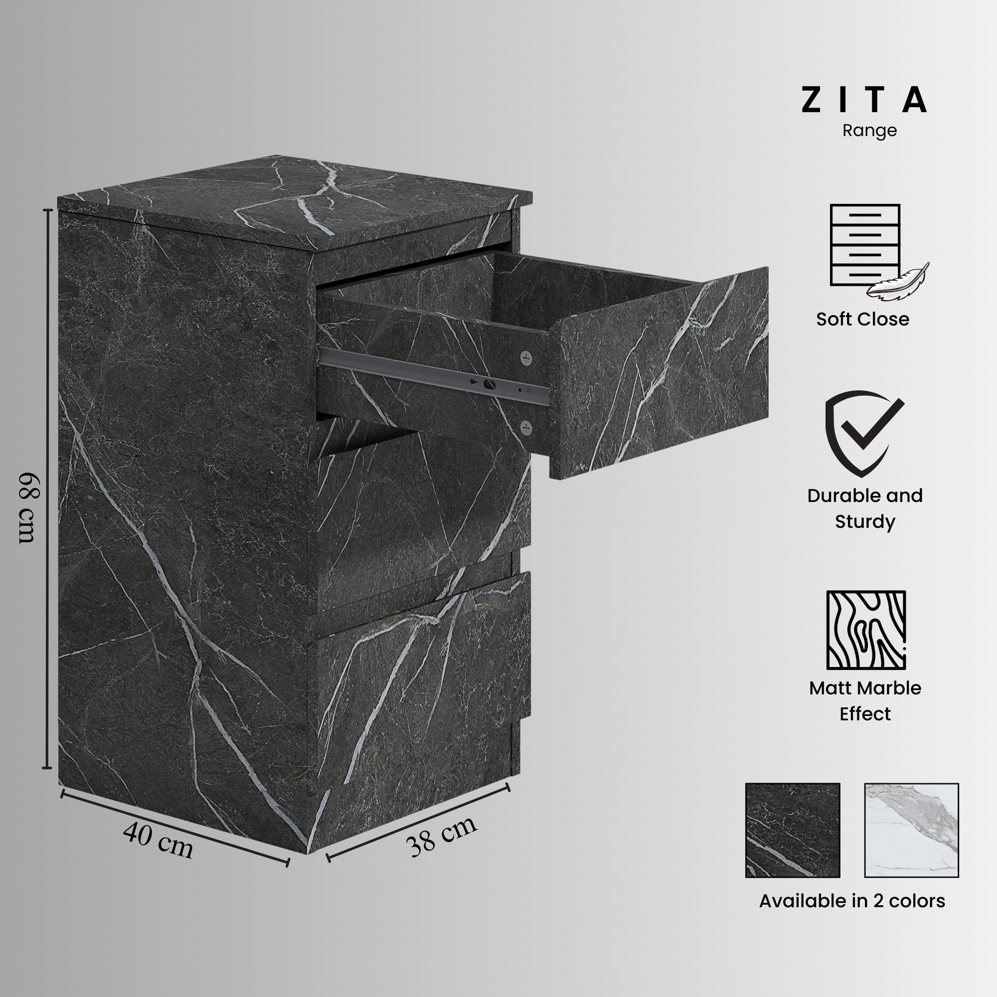 3 draw bedside grey marble effect