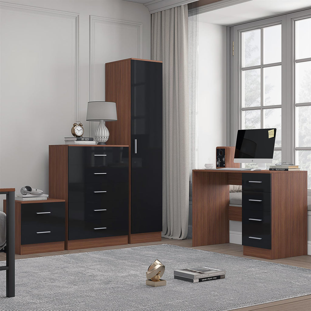 Reflect 1 Door Plain Wardrobe, 5 Drawer Chest, 2 Drawer Bedside & Desk - Black Gloss & Walnut - Bedroom Furniture Set